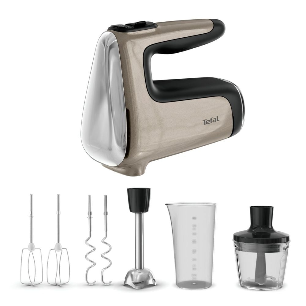 Mixer de mana Tefal Powermix Silence 4 in 1 HT663AF0, 850 W, 6 trepte de viteza, functie Turbo, maner ergonomic, 2 teluri inox, 2 carlige pentru aluat, picior pasator, tocator, pahar gradat, crem & negru