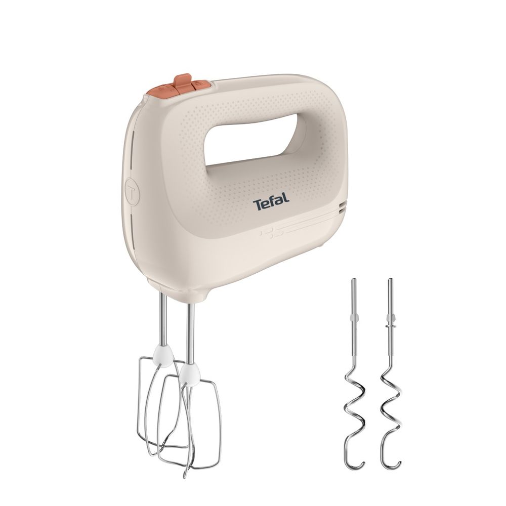 Mixer de mana Tefal Prep'Mix Essential HT420BF0, 450 W, 5 trepte viteza + Turbo, teluri din inox, carlige pentru aluat, buton eject accesorii, maner ergonomic, accesorii compatibile cu masina de spalat vase, crem