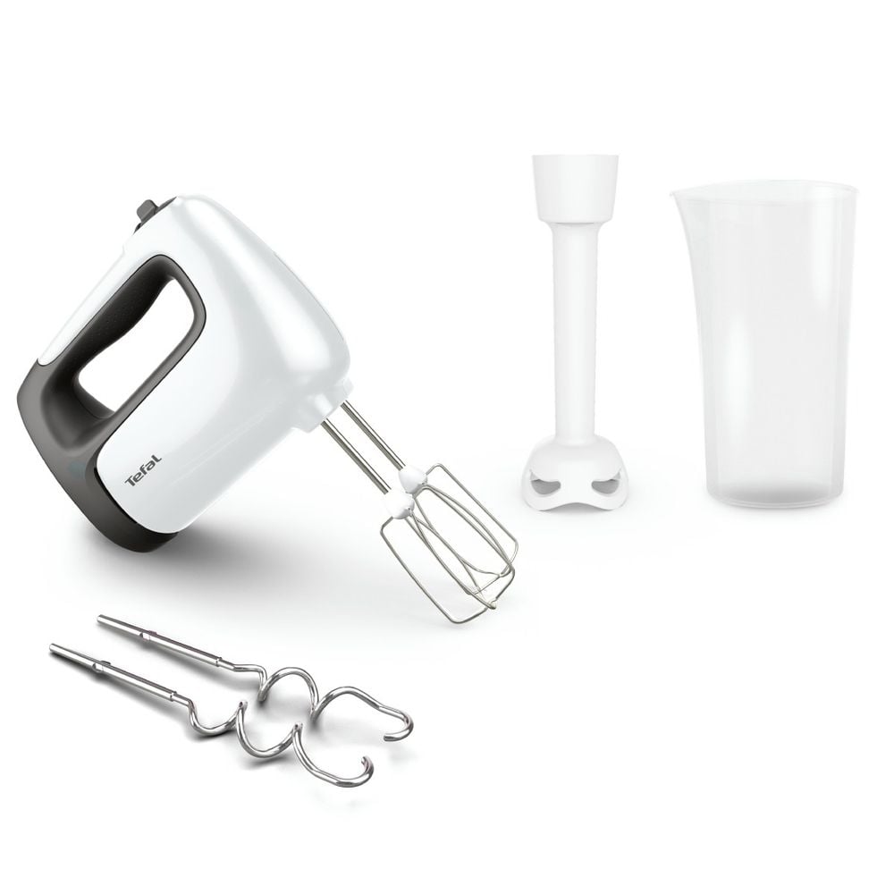 Mixer de mână Tefal Prep'Mix HT461138, 500W, 5 trepte viteză, funcție turbo, 2 teluri, 2 cârlige, picior pasator, pahar gradat, alb