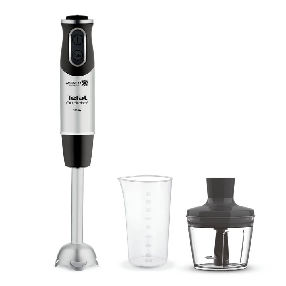 Mixer vertical Tefal Quickchef 2 în 1 HB659838, 1000W, 20 de viteze, recipient 800 ml, sistem antistropire, tocător 500 ml, argintiu