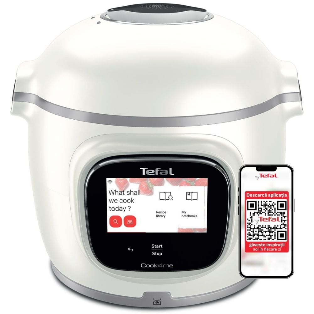 Multicooker inteligent Tefal Cook4me Touch Pro CY9441F2, 1600W, vas cu înveliș ceramic antiaderent 6L, 13 programe de gătire, cântar integrat, 250 rețete preinstalate, ecran tactil, coș pentru gătire la abur, alb