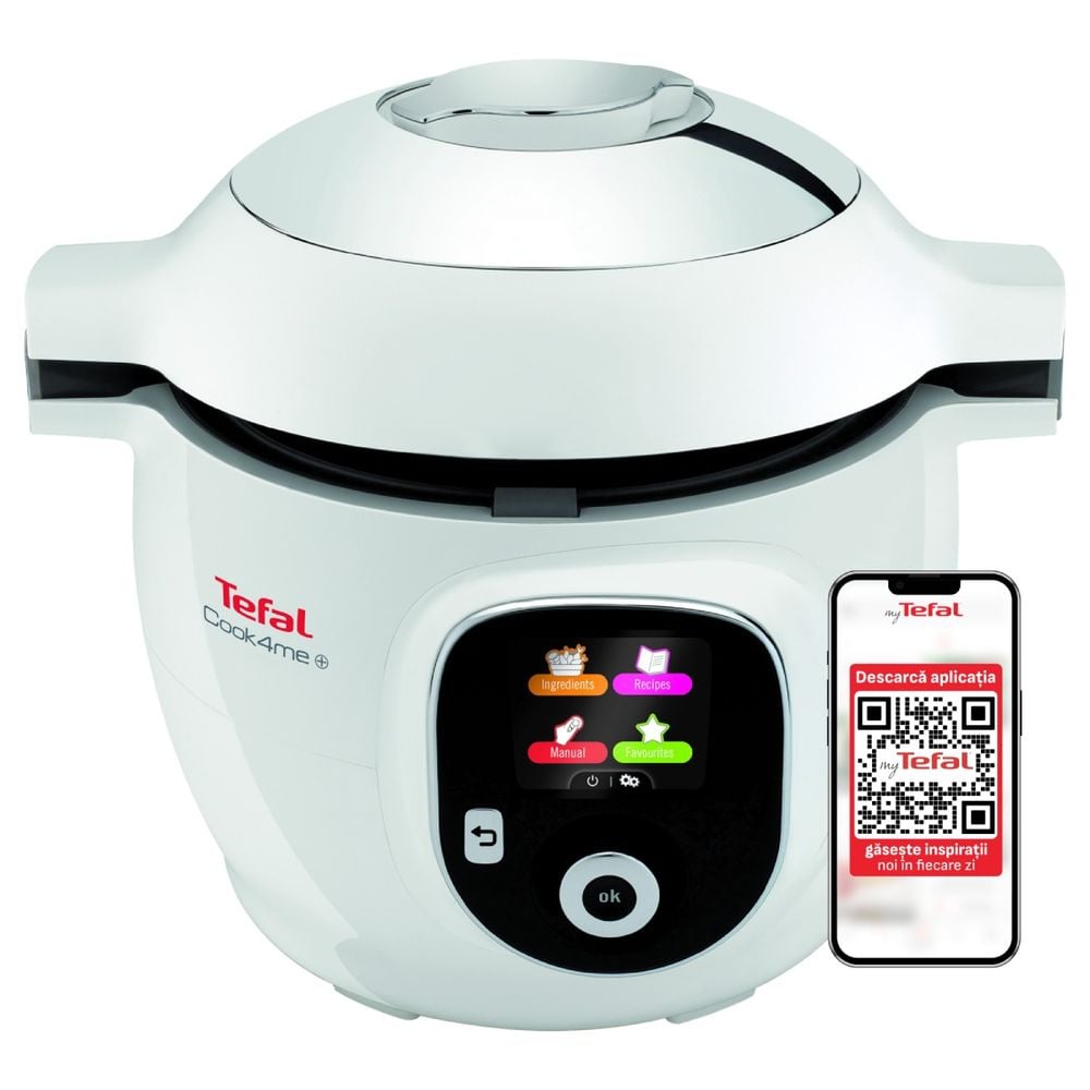 Multicooker inteligent cu gatire sub presiune Tefal Cook4Me+ CY851130, vas cu înveliș ceramic antiaderent 6L, aparat de gatit sub presiune, aplicatie dedicata, 6 moduri de gatire, 150 de retete, alb