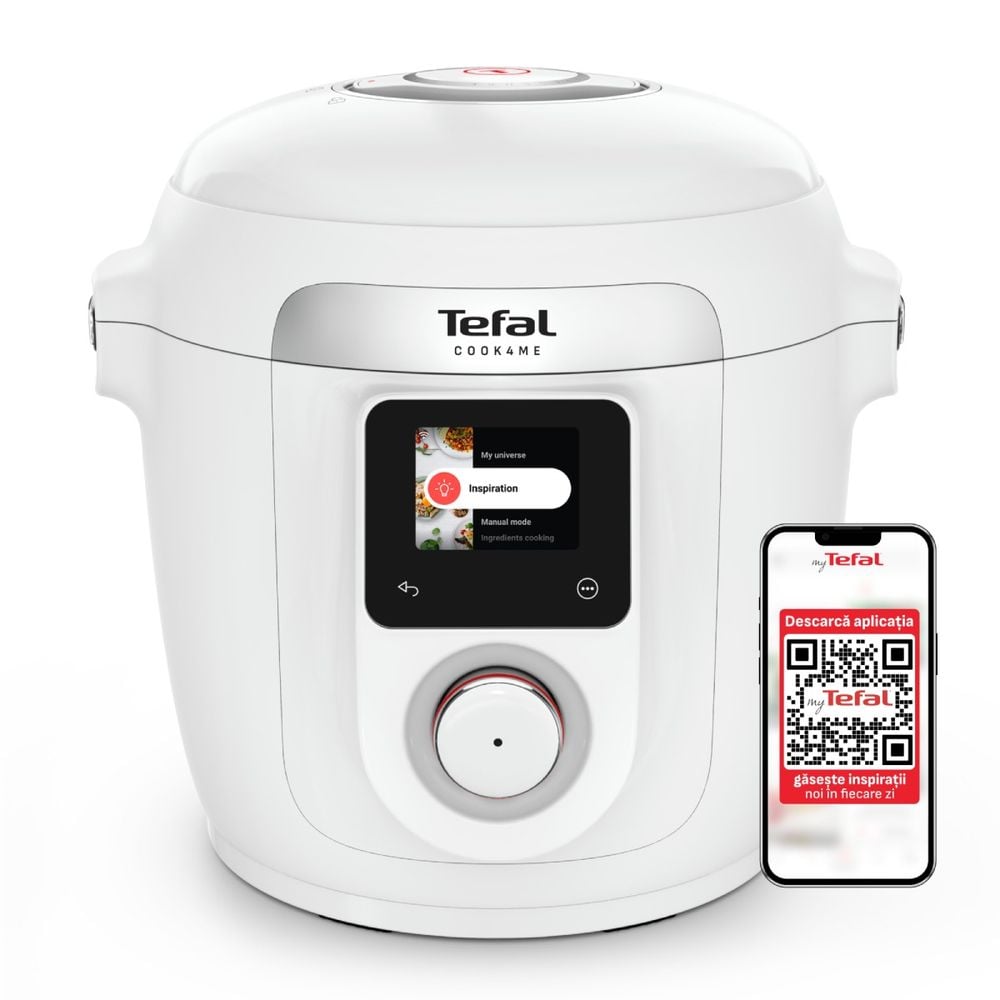 Multicooker inteligent cu gatire sub presiune Tefal Cook4Me Wi-Fi 10 in 1 CY9621F2, 10 programe de gatire, vas ceramic antiaderent 6 L, Wi-Fi, ecran LCD, aplicatie dedicata, pana la 6 persoane, alb