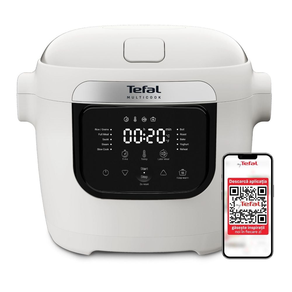 Multicooker Tefal Multicook Basic MY700BF0, 700W, 6 L, 10 programe de gătire, temperatură ajustabilă, funcție păstrare la cald, bol cu 2 mânere, alb