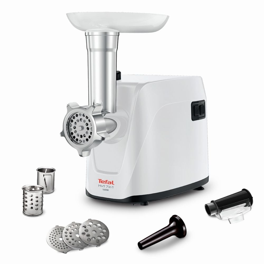 Masina de tocat carne Tefal HV1 NE114130, 1600 W, 1.9 kg carne/min, 3 site pentru tocare fina, medie si grosiera, accesorii pentru razuire, feliere, carnati si sos de rosii, baza aderenta, alb 