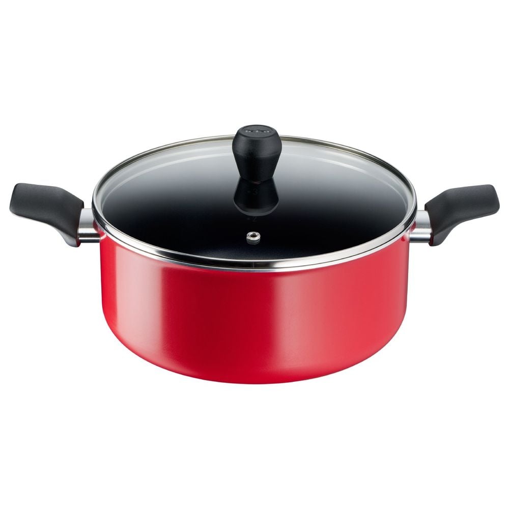 Oala cu capac Tefal Easy Series B5924602, 24 cm, 2.67 L, aluminiu, invelis antiaderent Titanium, indicator Thermo-Signal™, capac din sticla, margini gradate, rosu