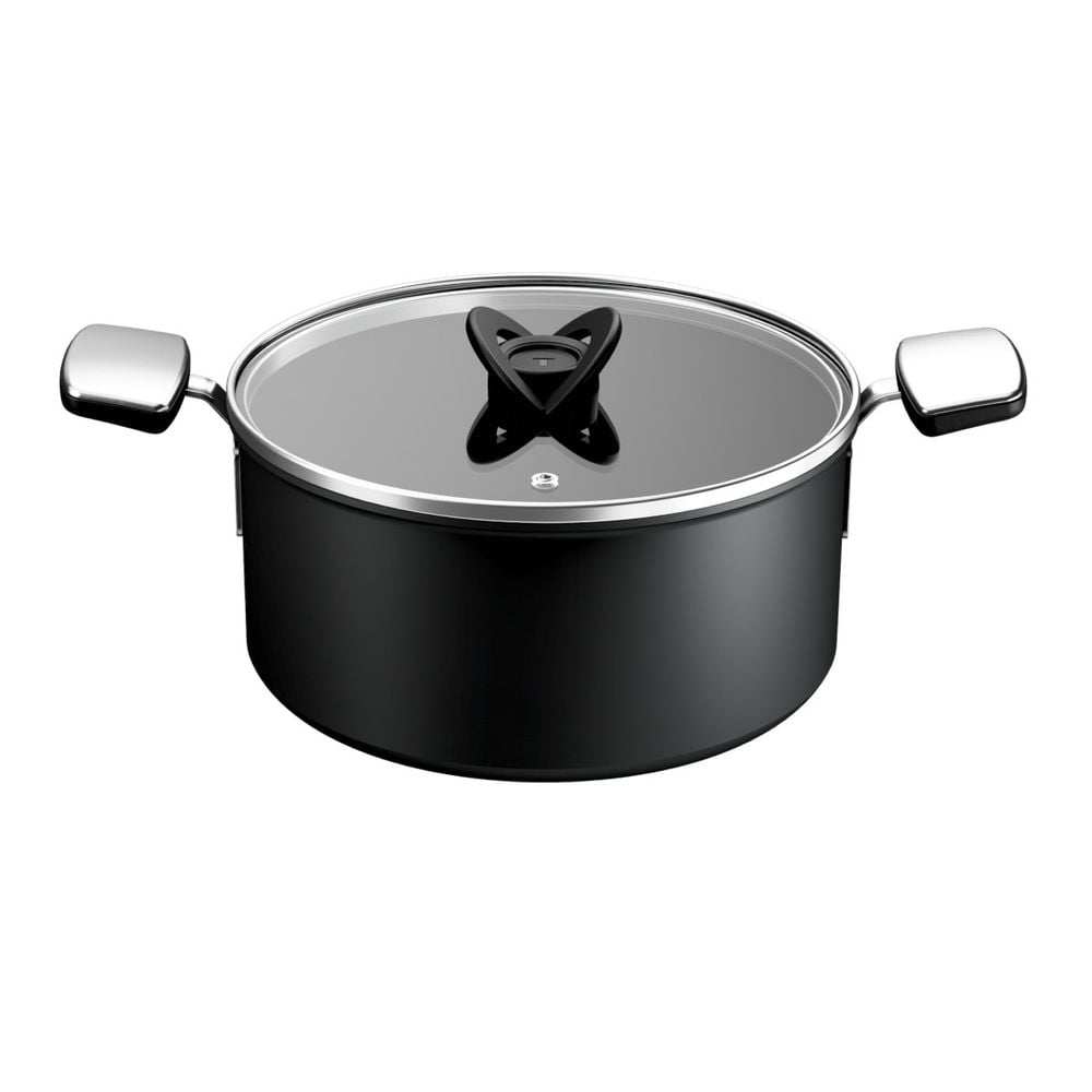 Oala cu capac Tefal Excellence+ G3284653, 24 cm, 5 L, invelis antiaderent, tehnologie FUSIONCORE, Thermo-Signal™, manere nituite, aluminiu, inductie, negru
