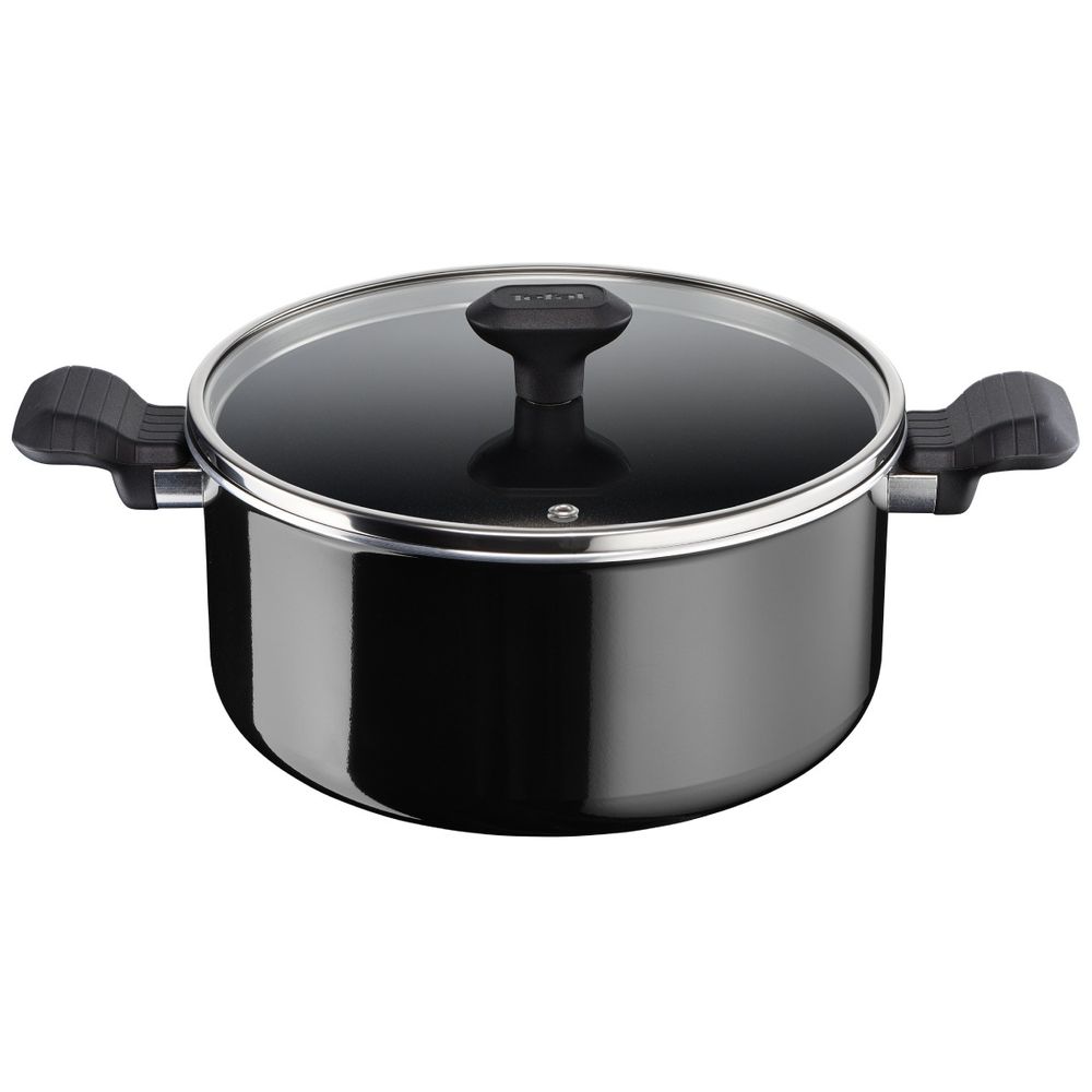 Oala cu capac Tefal So Intensive D5064662, 24 cm, aluminiu, invelis antiaderent Titanium Extra, capac din sticla, exterior emailat, negru