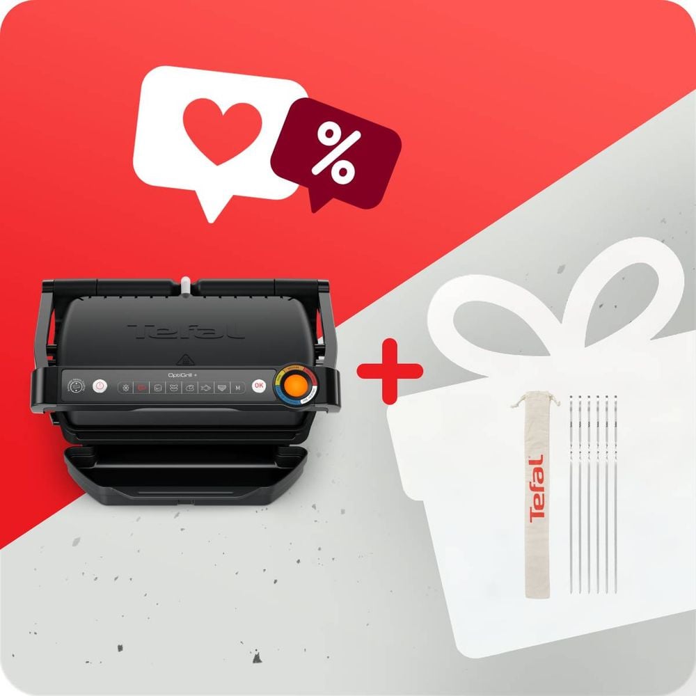 Pachet PROMO Grătar electric Tefal Optigrill+ GC717810 & Set de 6 frigarui XL din oțel inoxidabil Tefal K185S734