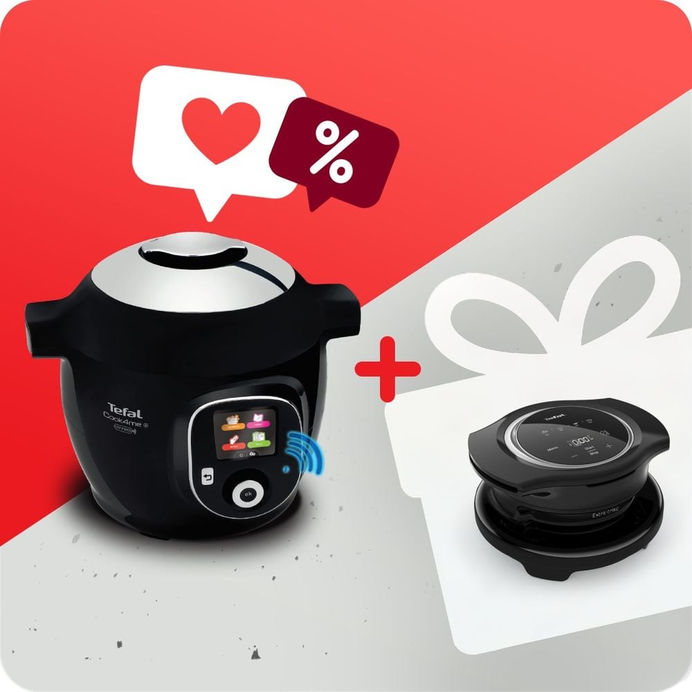Pachet PROMO Multicooker inteligent Tefal Cook4Me+ Connect CY855830 & Accesoriu multicooker pentru prajit Tefal Cook4Me+ Extra Crisp Lid EY150830