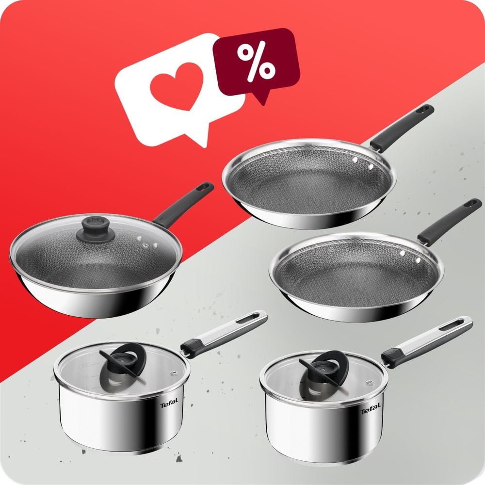 Pachet PROMO Tefal Emotion+, 5 piese, 2 cratite cu capac 16/18 cm, tigai 24/28 cm, tigaie Wok 28 cm, inox, inductie, argintiu