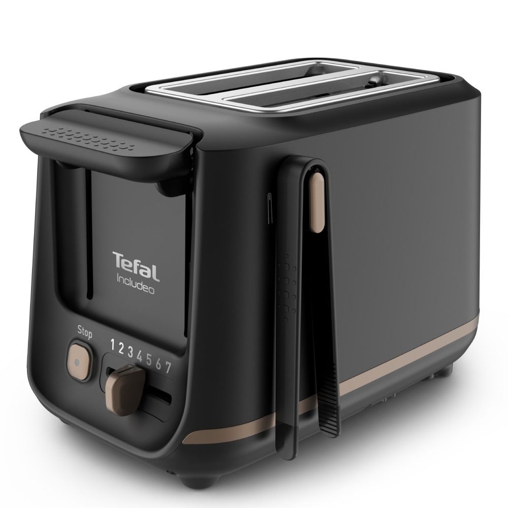 Prăjitor de pâine Tefal Includeo TT533811, 850W, capacitate 2 felii, 7 trepte de rumenire, buton oprire, clește inclus, mâner ridicare, negru & auriu