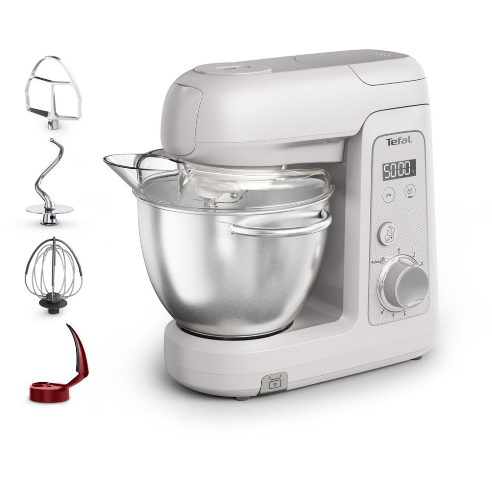 Robot de bucatarie Tefal Bake Partner+ QB540BF0, 1100 W, 4.6 L, 8 trepte de viteza, cantar incorporat, functie Pulse, functie Smart Bake Detect, tel, carlig pentru aluaturi grele, inox, gri