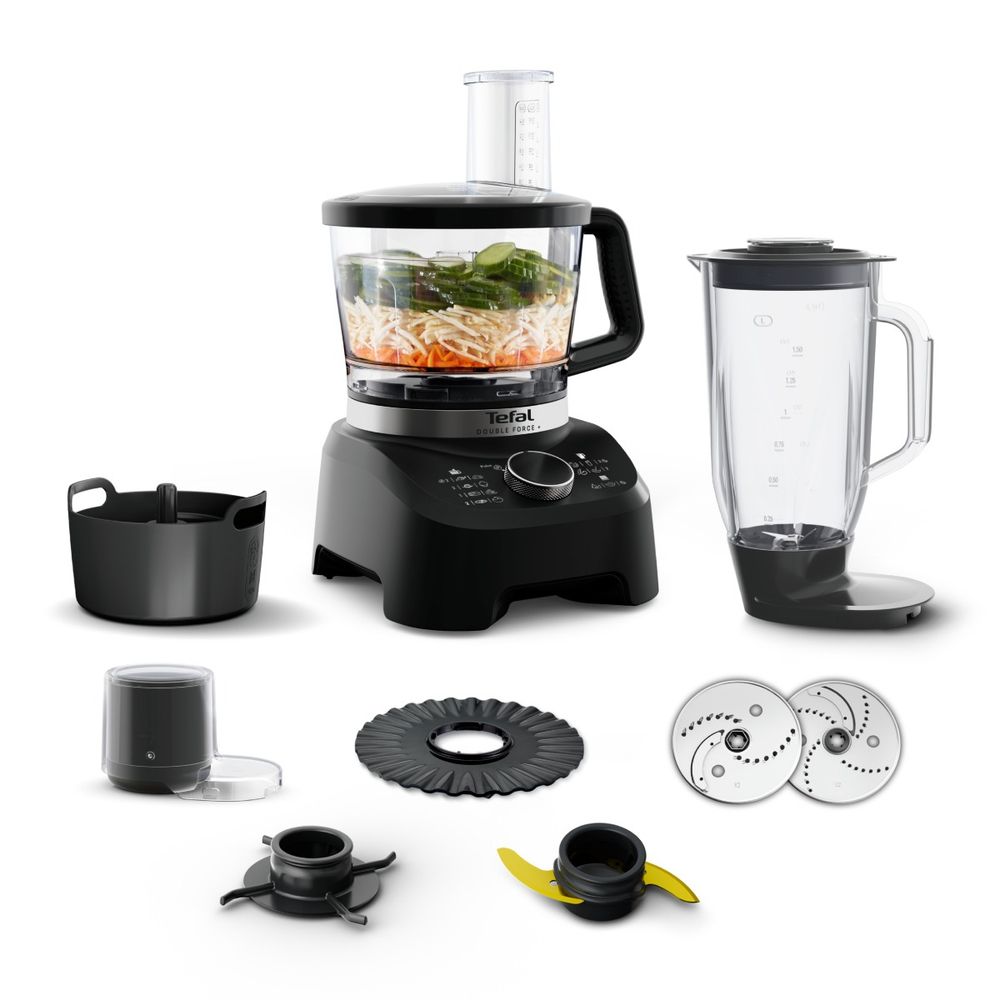 Robot de bucatarie Tefal DoubleForce 3 DO8318E0, 1000 W, 28 functii, 2 trepte viteza, functie Pulse, bol 3 L, blender 2 L, lame Powelix Life cu invelis din titan, mini tocator, disc feliere/radere, accesoriu framantare, negru