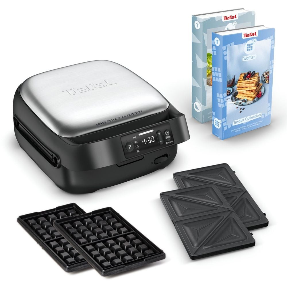 Sandwich maker Tefal Snack Collection Precision SW872BF0, 700 W, termostat reglabil, invelis antiaderent, 2 seturi de placi detasabile, sistem de blocare, argintiu & negru