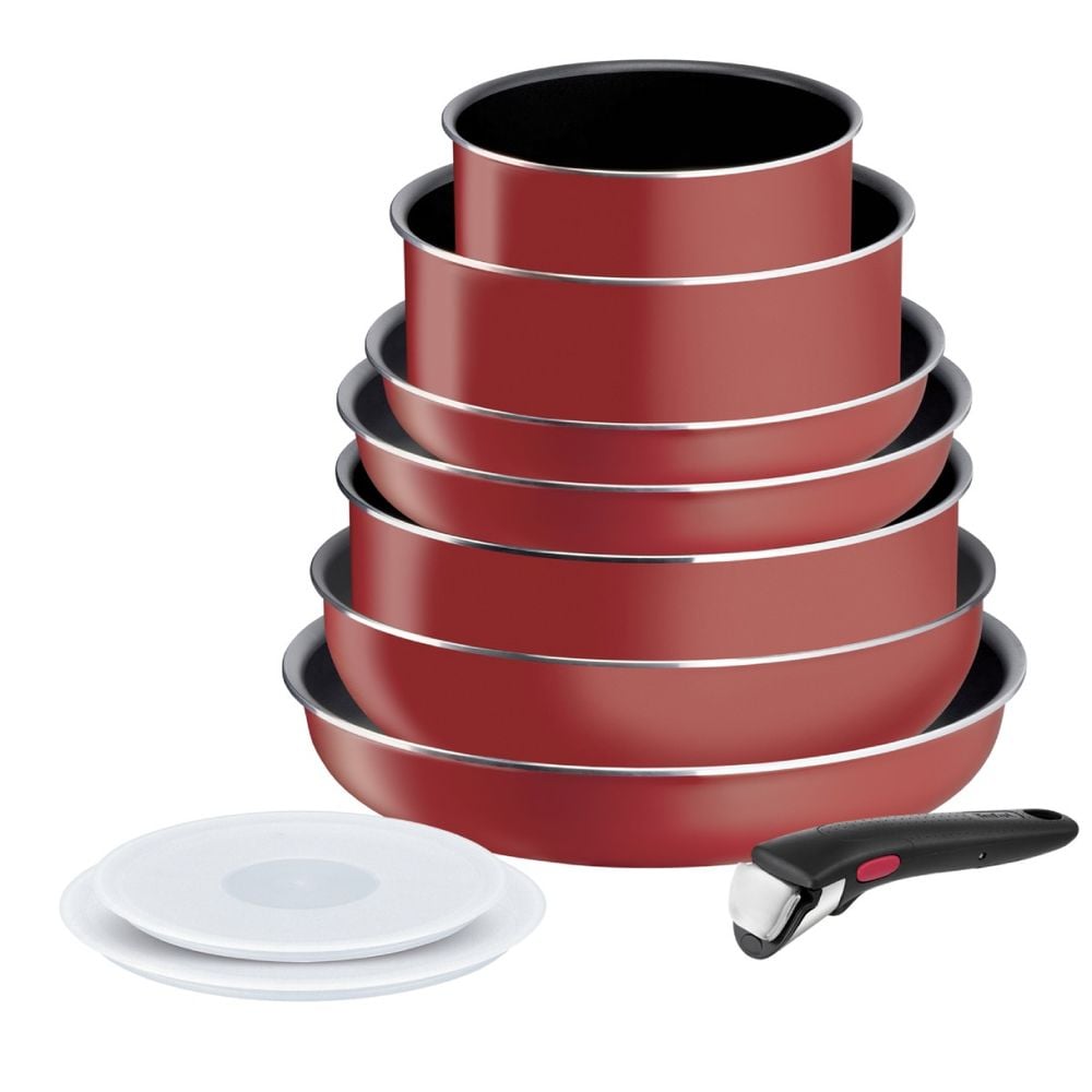 Set 10 piese Tefal Ingenio Easy Cook & Clean L1529402, cratita 16 / 20 cm, tigaie 22 / 24 / 28 cm, tigaie saute 24 cm, wok 26 cm, 2 capace ermetice 16 / 20 cm, 1 maner detasatbil, rosu