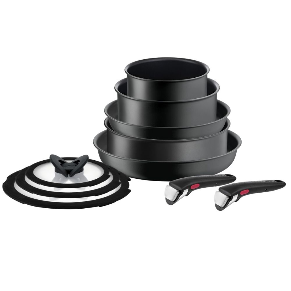 Set 10 piese Tefal Ingenio Ultimate L7649153, oala 16 / 20 cm, tigaie wok 24 cm, tigaie saute 24 cm, tigaie 28 cm, 2 mânere, capace de sticlă 16 / 20 / 24 cm, înveliș antiaderent, negru