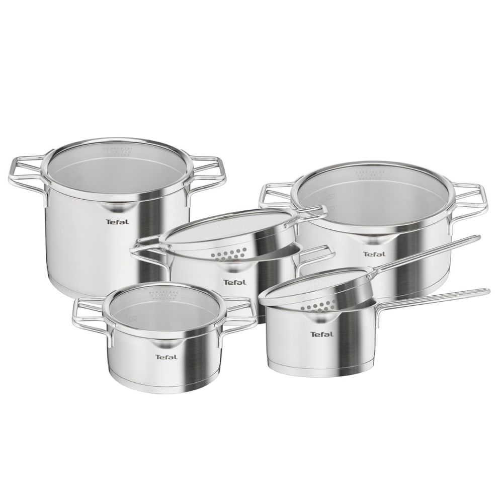 Set 10 piese Tefal Nordica H852SA56, craticioara 16 cm, oale 18/20/24 cm, oala pentru paste 22 cm, capace din sticla cu strecurare, inox, baza Thermo-Fusion™, gradatii interioare, compatibil inductie, argintiu