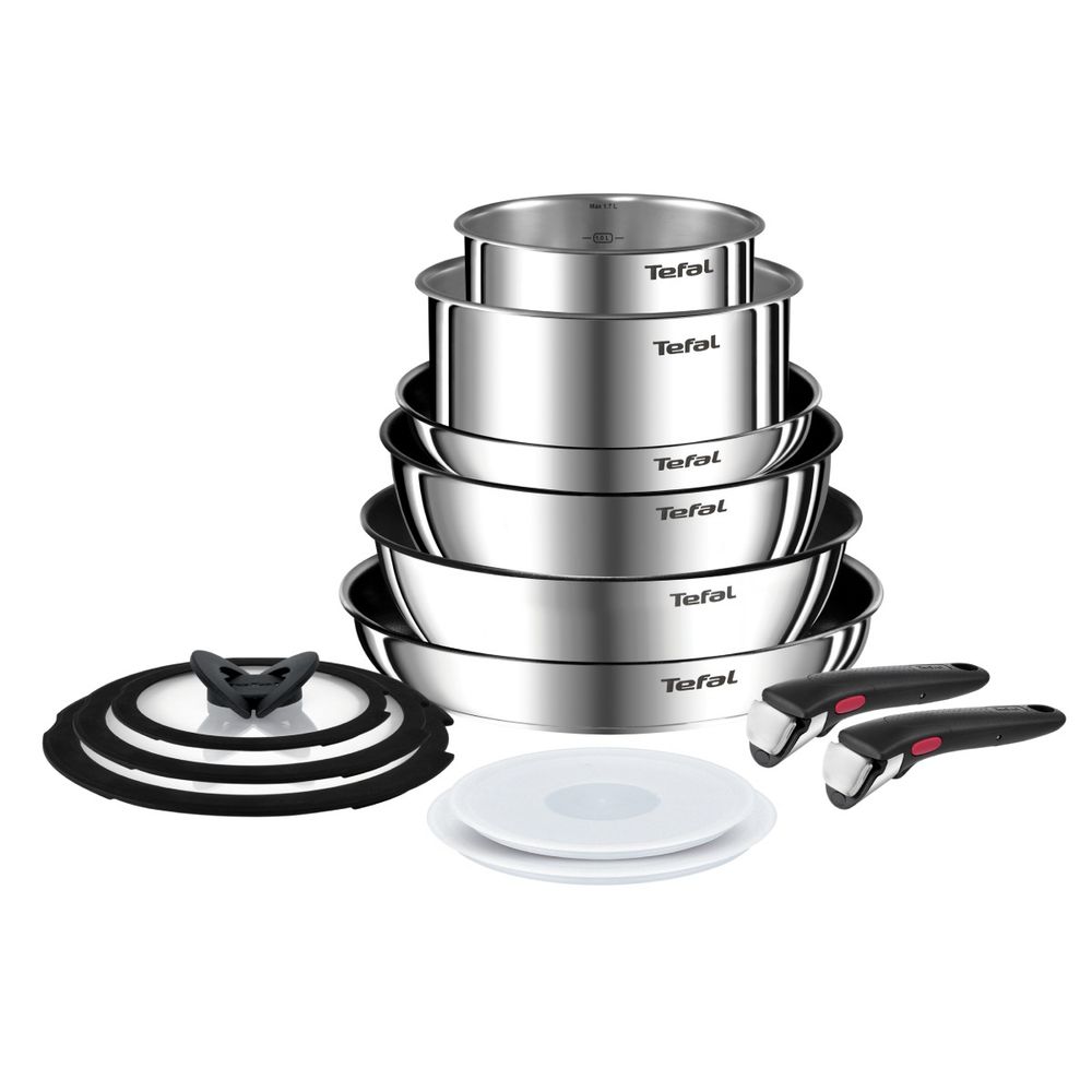 Set 13 piese Tefal Ingenio Emotion L897SD74, oala 16 / 20 cm, tigaie 22 / 24 / 28 cm, wok 26 cm, 2 manere detasabile, capace sticla 16 / 20 / 24 cm, capace ermetice 16 / 20 cm, invelis antiaderent, inductie, argintiu