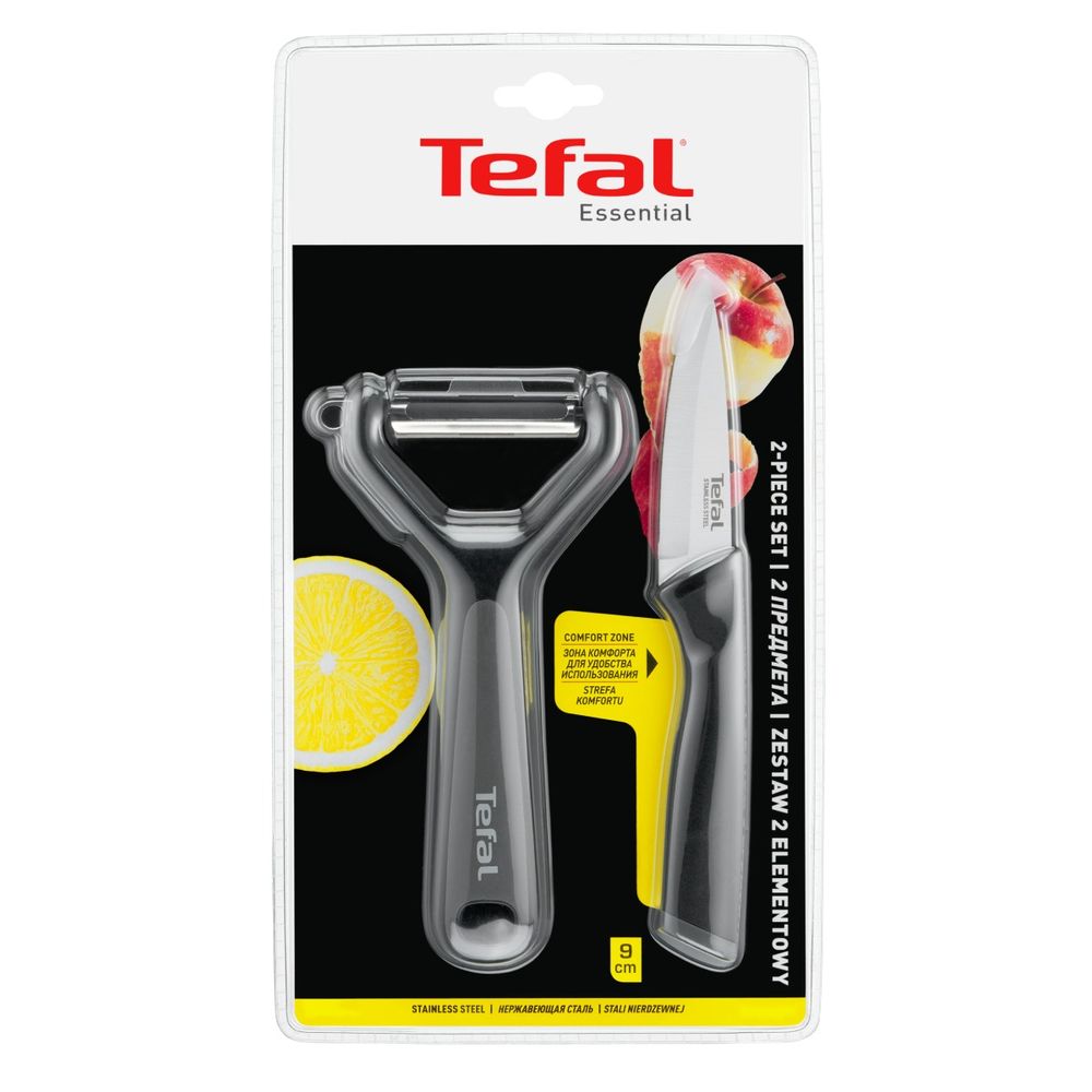 Set 2 accesorii Tefal Essential K2212S55, accesoriu pentru decojit legume si fructe, cutit, maner ergonomic, lama 9 cm, negru