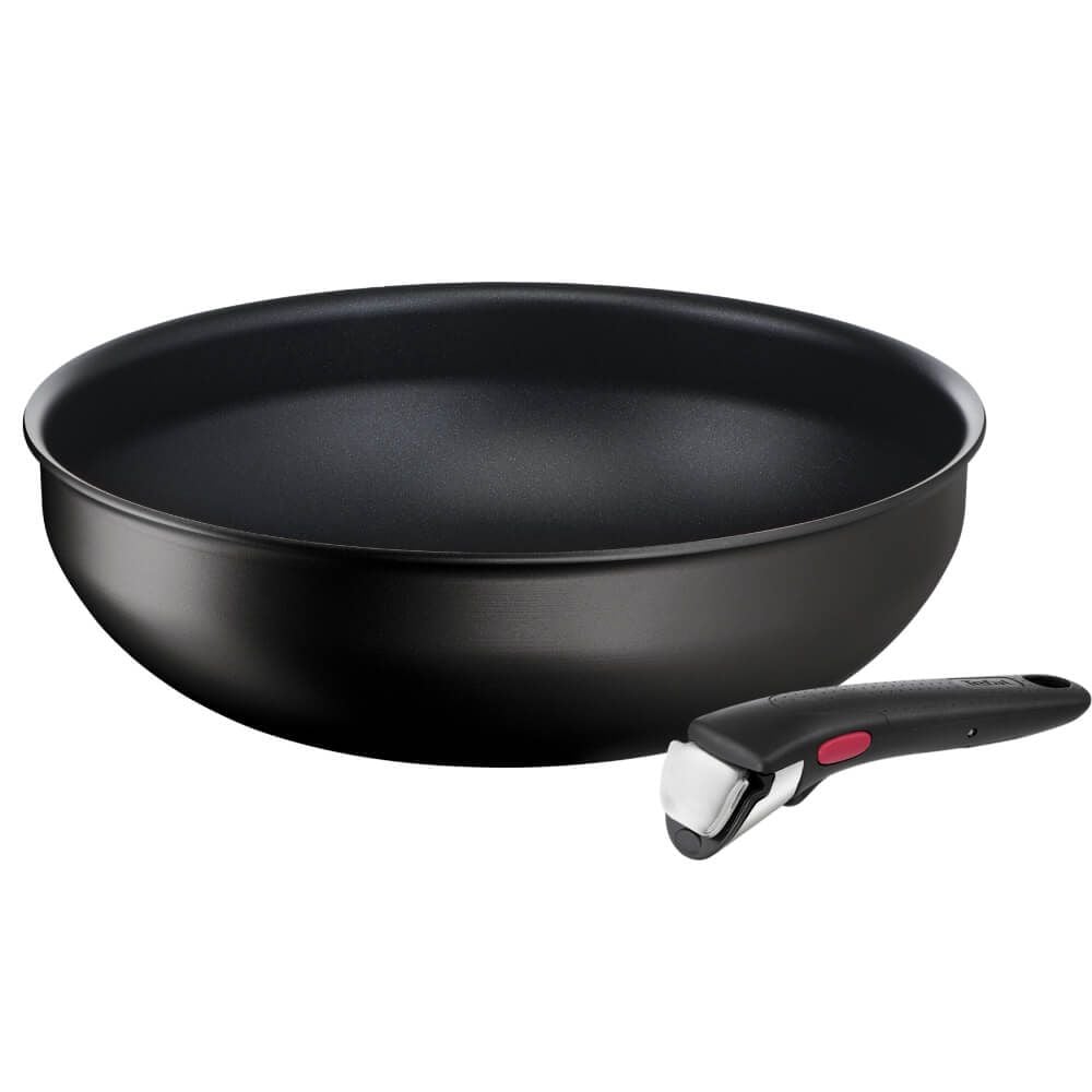 Set de 2 piese Tefal Ingenio Eco Resist L3979302, tigaie wok 26 cm, mâner detașabil, indicator Thermo Signal, înveliș antiaderent Titanium Anti-Scratch, compatibil cu inducția, negru