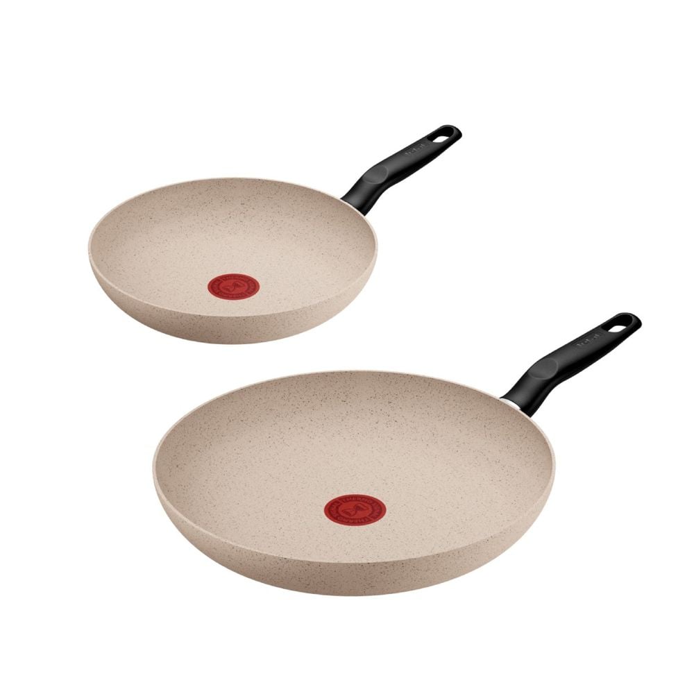 Set 2 tigai Tefal Beige Essential G0079053, 24/28 cm, aluminiu, invelis antiaderent Mineralia+, Thermo-Signal™, baza Thermo-Fusion™, inductie, bej