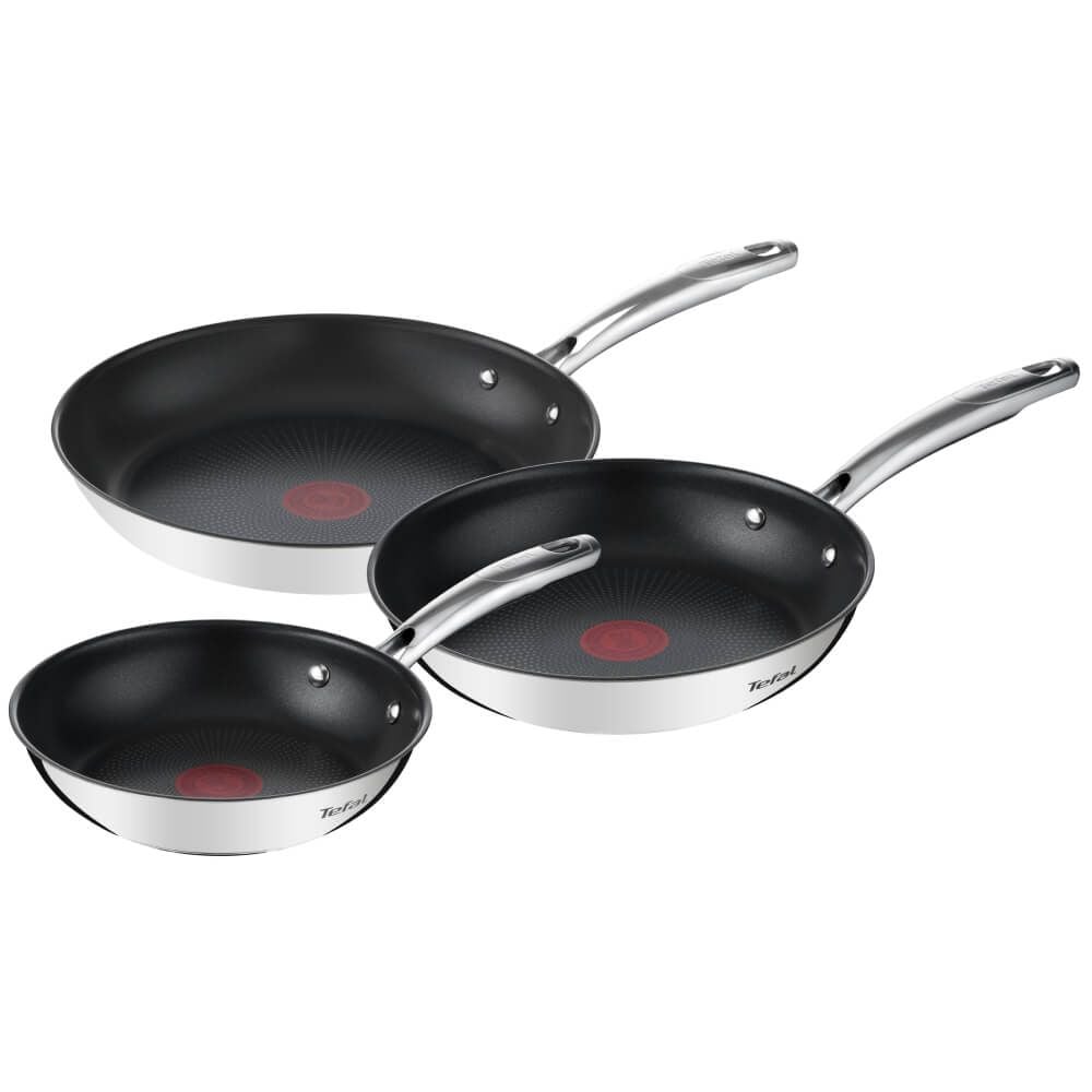 Set de tigai cu 3 piese Tefal Duetto G732S335 de 20/24/28 cm, inductie, invelis antiaderent, exterior inox, argintiu