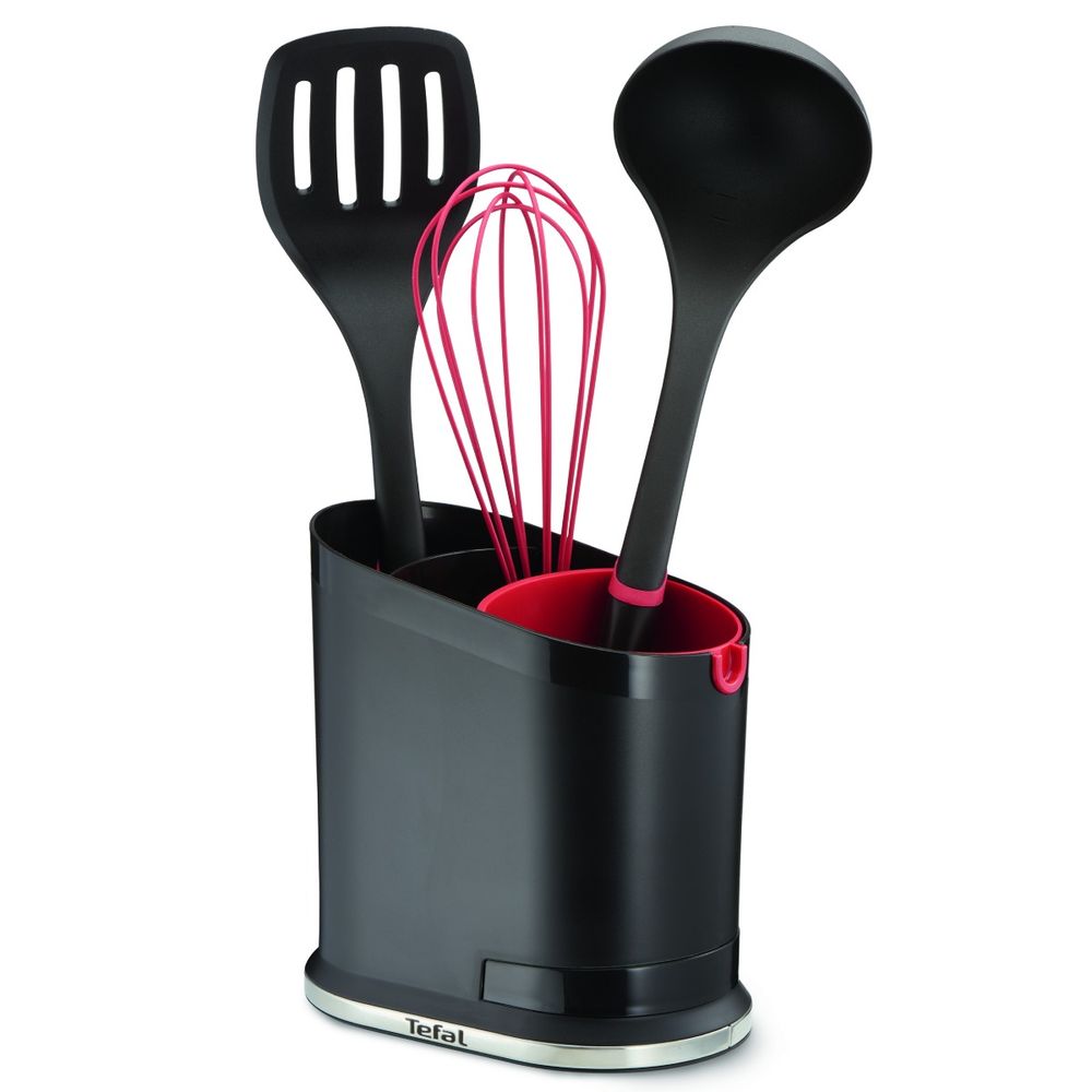 Set 4 ustensile de bucatarie Tefal Ingenio K206S424, suport, polonic, spatula si tel, negru & rosu