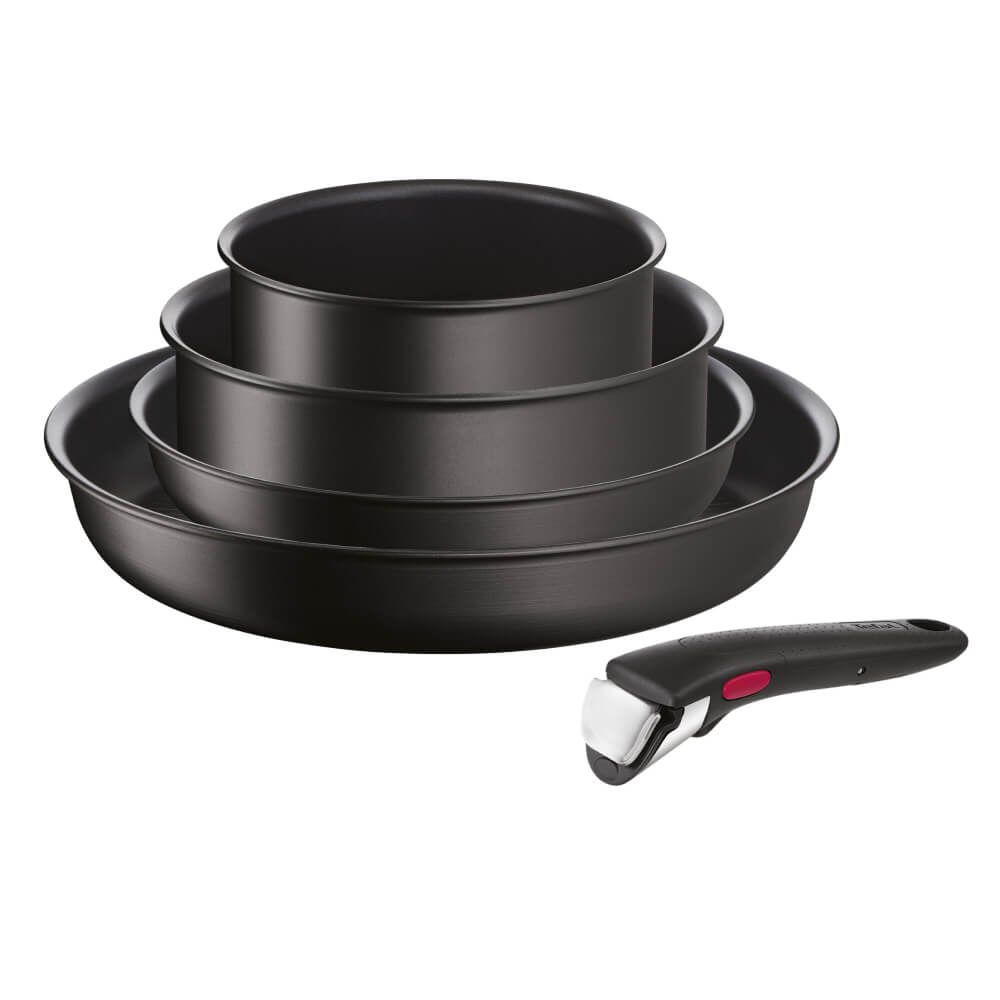 Set de 5 piese Tefal Ingenio Eco Resist L3979253, tigaie de 22/28 cm, cratiță de 16/20 cm, mâner detașabil, indicator Thermo-Signal™, înveliș antiaderent Titanium Anti-Scratch, negru