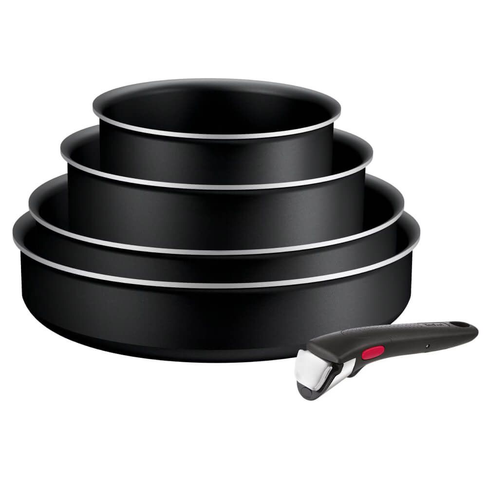 Set de 5 piese Tefal Ingenio Generous Cook L3129002, tigaie de 24/26 cm, cratiță de 16/20 cm, mâner detașabil, indicator Thermo Signal, înveliș antiaderent Titanium, compatibil cu inducția, negru