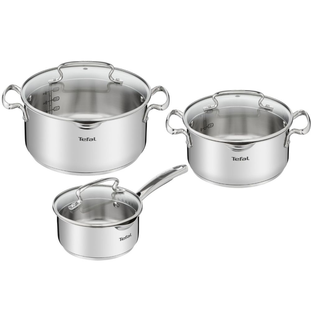 Set de 6 piese Tefal Duetto+ G719S655, oale cu capac de sticla 20 / 24 cm, cratiță cu capac de sticlă 16 cm, inox, inducție, inox, mânere nituite, margini turnare, gradații interioare, argintiu