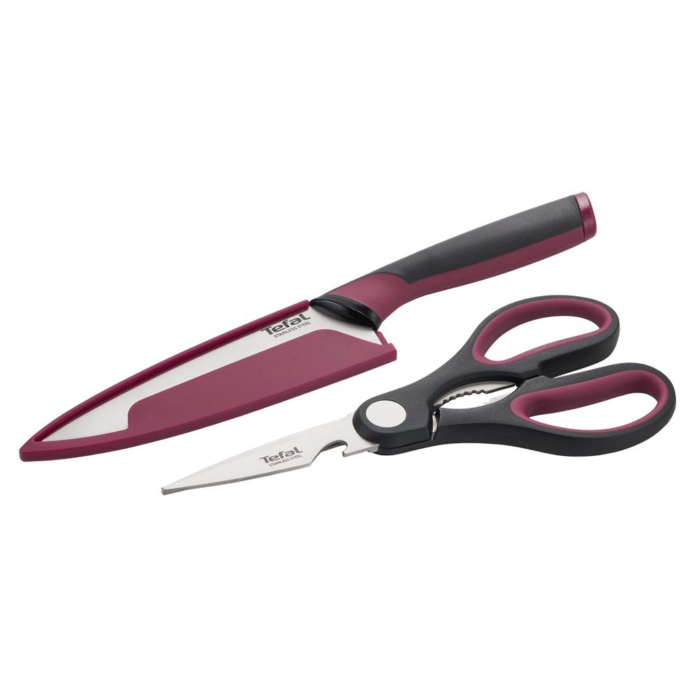 Set cutit si foarfeca Tefal Comfort K250S225, lame din inox, lama 15 cm, manere ergonomice Soft Touch, protectii pentru lame, negru & visiniu