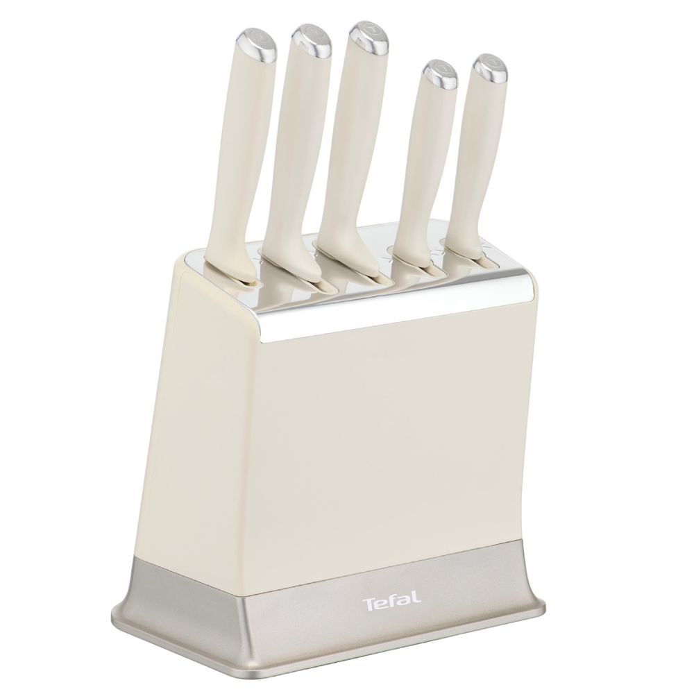 Set cutite Tefal EverSharp K2979644, 5 piese, cutitul bucatarului 20 cm, cutit pentru paine 20 cm, cutit Santoku 16.5 cm, cutit universal 12 cm, cutit pentru curatat 9 cm, suport cu sistem integrat de ascutire, crem