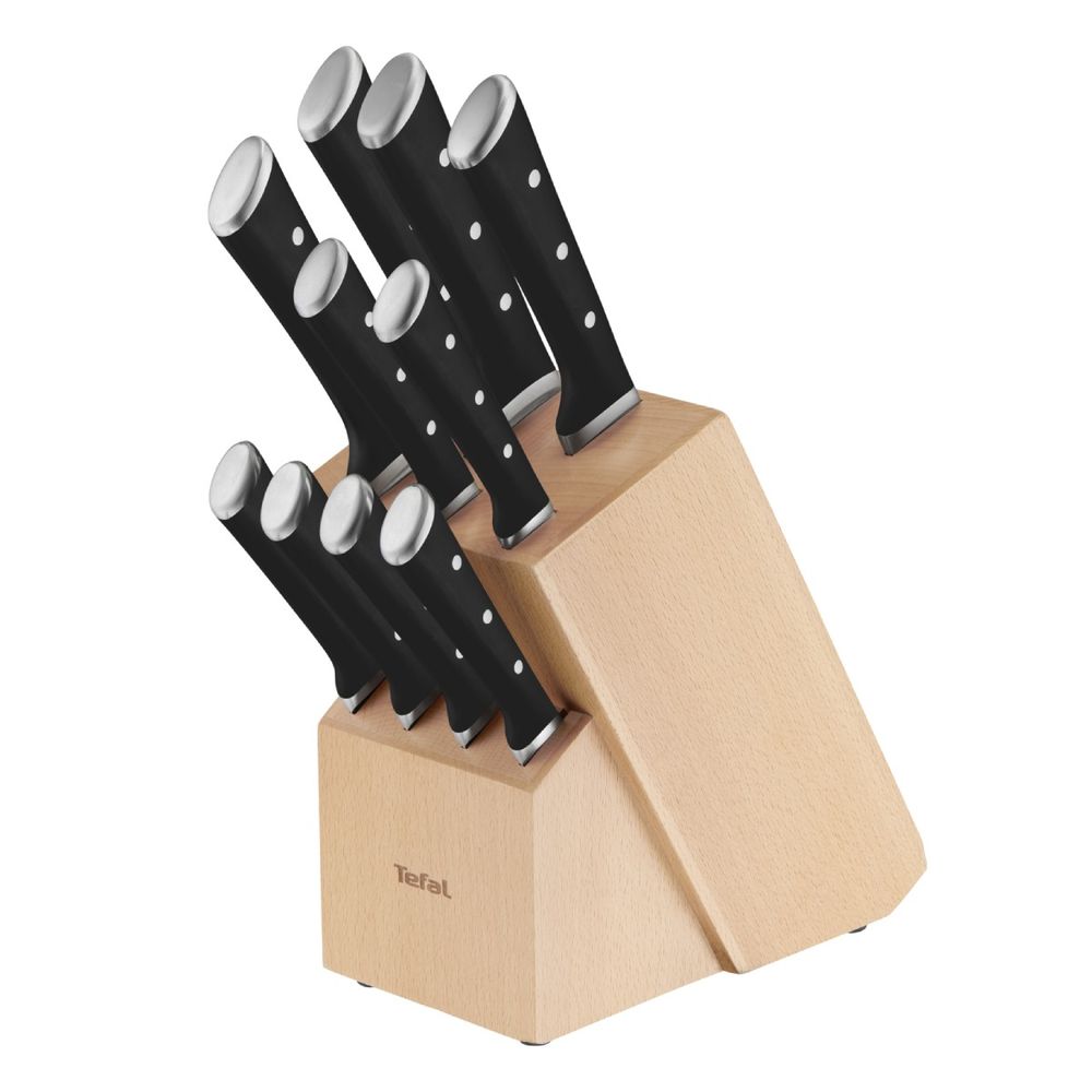 Set de 10 cutite & suport Tefal Ice Force K232SA14, inox german, tehnologie Ice Hardening -120°C, lame ultra-ascutite, suport din lemn, negru & argintiu