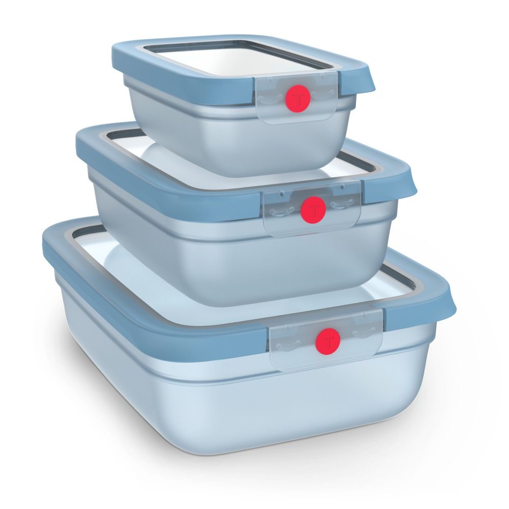 Set de 5 caserole Tefal ONEClick N1230210, 0.5 / 1.2 / 2.3 L, plastic, închidere 100% etanşă, albastru