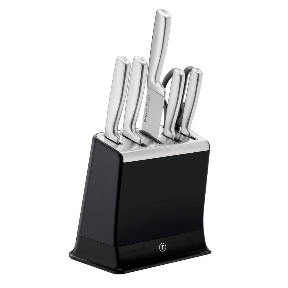 Set de 6 piese & suport Tefal Eversharp Pro K2977S44, inox german, mâner ergonomic, sistem de ascuțire integrat, negru & argintiu