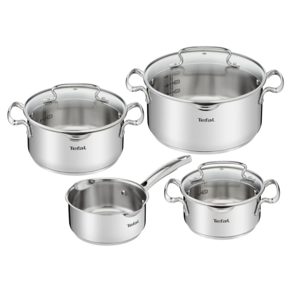 Set de 7 piese Tefal Duetto+ G719S735, oale cu capac de sticlă 16 / 20 / 24 cm, cratiță 16 cm, inducție, inox, mânere nituite, margini turnare, gradații interioare, argintiu