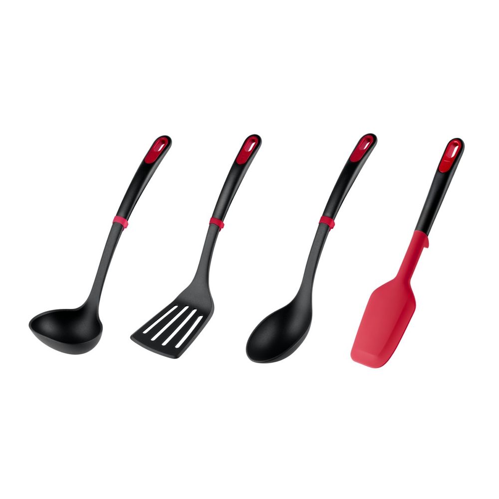 Set ustensile bucatarie Tefal Ingenio+ K198S434, 4 piese, rezistenta la temperaturi inalte, compatibilitate cu masina de spalat vase, plastic, negru & rosu
