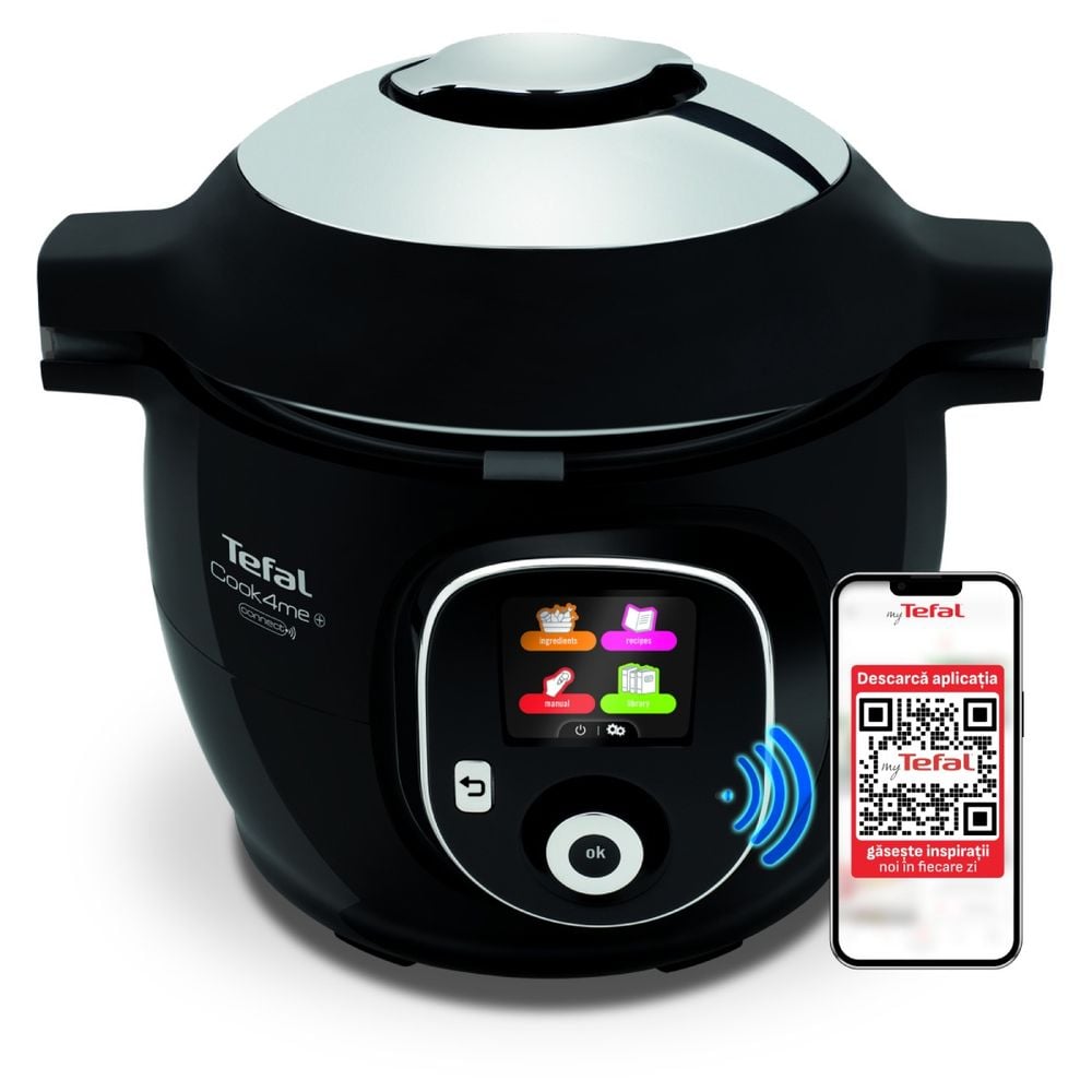 Multicooker inteligent Tefal Cook4Me+ Connect CY855830, aparat de gatit sub presiune cu conexiune bluethooth, vas cu înveliș ceramic antiaderent 6L, aplicație dedicată, 6 moduri de gătire, instrucțiuni pas cu pas, 150 de retete, negru