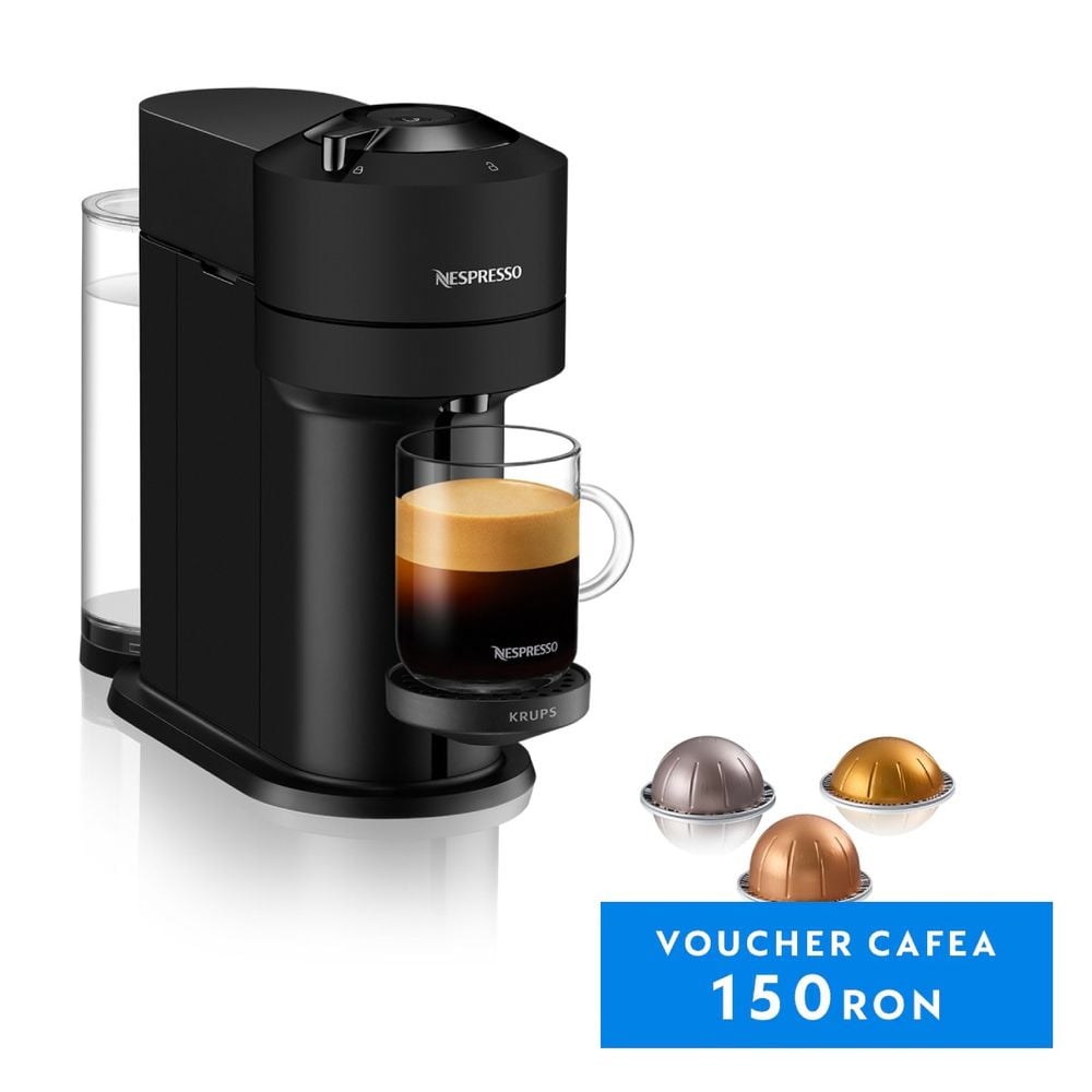 Espressor cu capsule Nespresso Vertuo Next by Krups XN910N10, 1500W, 15 bari, rezervor 1.1 L, conectivitate smartphone, negru mat