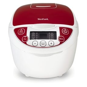 Multicooker TEFAL Fuzzy RK705138, 750 W, 12 funcții, tehnologia Fuzzy Logic Artificial Intelligence, 6 moduri de gătit, pornire programabilă, 6 accesorii, 5 L, roșu / alb