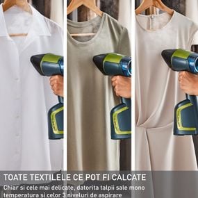 Aparat de călcat vertical cu abur Tefal AeroSteam DT9810F0, 1400W, funcție de aspirare cu 3 niveluri, recipient apă detașabil 100 ml, autonomie 6 minute, 1.4 kg, talpă monotemp, albastru & gri