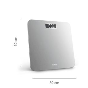 Cântar de baie Tefal Premiss PP1801V0, 160 kg, gradații la 100 g, 30 x 30 cm, sticlă, baterii incluse, argintiu