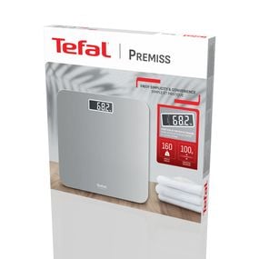 Cântar de baie Tefal Premiss PP1801V0, 160 kg, gradații la 100 g, 30 x 30 cm, sticlă, baterii incluse, argintiu