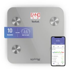 Cântar inteligent Tefal Goodvibes Life BM9600S1, 10 indicatori de măsurare, aplicație dedicată, greutate maximă 160 kg, sticlă tratată termic, argintiu
