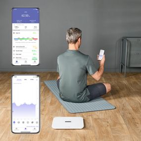 Cantar inteligent Tefal Goodvibes Sport BM9740F0, greutate maxima 200 kg, 17 indicatori de masurare, sincronizare cu aplicatia Google Fit, Apple Health si/sau Fitbit, sticla securizata tratata termic, ecran LCD, 4 baterii incluse, alb
