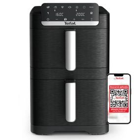 Friteuza dubla cu aer cald Tefal Easy Fry Crispy Stack EY7528E0, 2700 W, 10 L - Air fryer cu 7 programe automate, 2 compartimente, temperatura ajustabila, display digital, oprire automata, negru