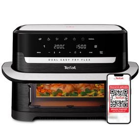 Friteuză dubla cu aer cald Tefal Dual Easy Fry Flex EY9228E0, 2700W, 9L, 7 programe, cuvă dublă, accesoriu FlexCook, oprire automată, display LCD, fereastră supraveghere, temperatură 40&deg;C - 200&deg;C, negru & argintiu
