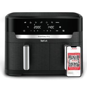 Friteuză cu aer cald dublă Tefal Dual Easy Fry XXL EY9428E0, 2700W, capacitate 11 L - Air fryer cu 7 programe automate, vase detașabile antiaderente, display LCD, temperatură reglabilă 40-220°C, negru