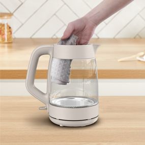 Fierbator de apa Tefal Morning KO2G0BE0, 2000 W, 1.7 L, vas din sticla cu gradatii, iluminare ambientala, filtru detasabil, functie oprire automata, baza rotativa, crem